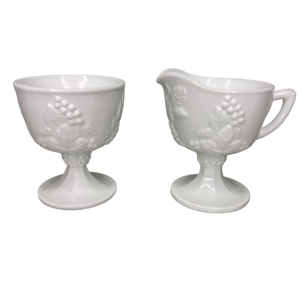 Footed Creamer Sugar Set Indiana Colony Harvest Milk Glass Embossed Grapes